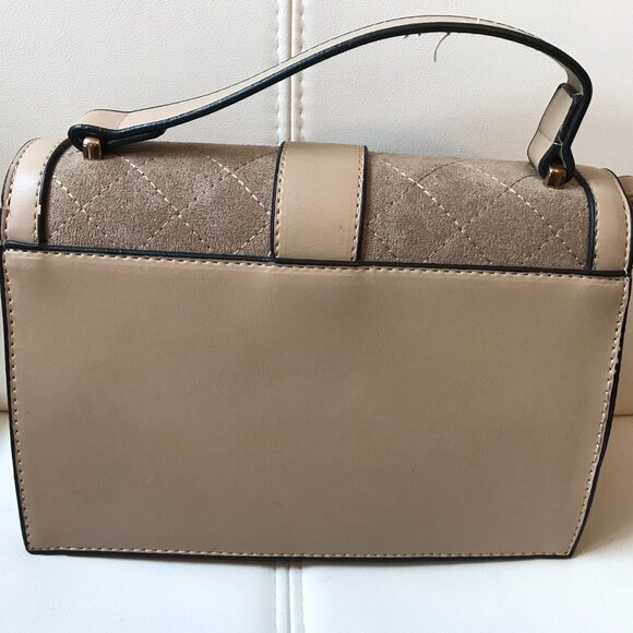 Beige Faux Suede and Faux Leather Crossbody Bag Purse Satchel with Top Handle - Picture 3 of 9
